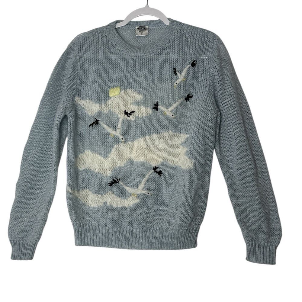 Vintage Ades Of California Women's Sweater XL Birds Cloud Beach Outdoor Y2K Blue